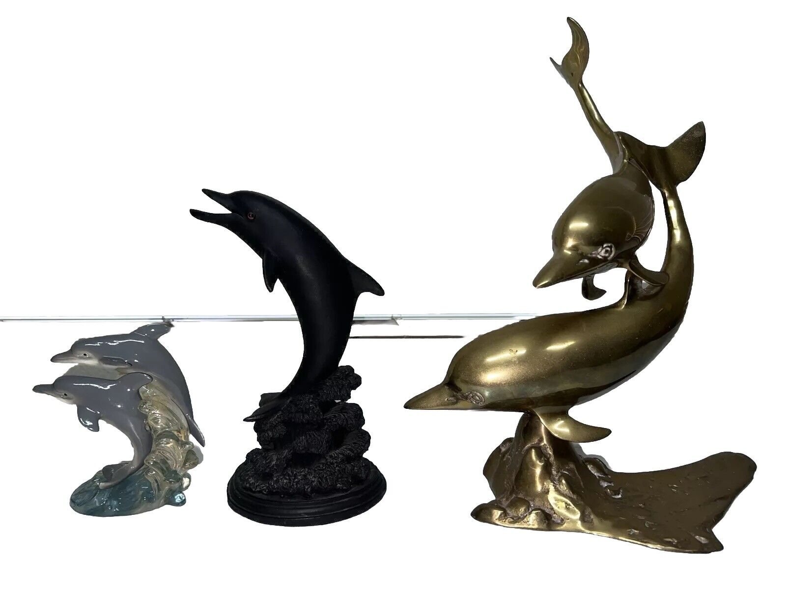 Vintage Dolphin LOT OF 3 Brass & Resin Sculpture Statue Beach Nautical Figurines