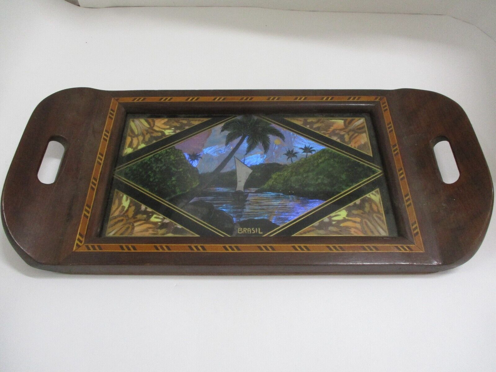 Vintage Brazilian Butterfly Wing Art Inlaid Wood Tray 14.25×7 w/ Glass Top