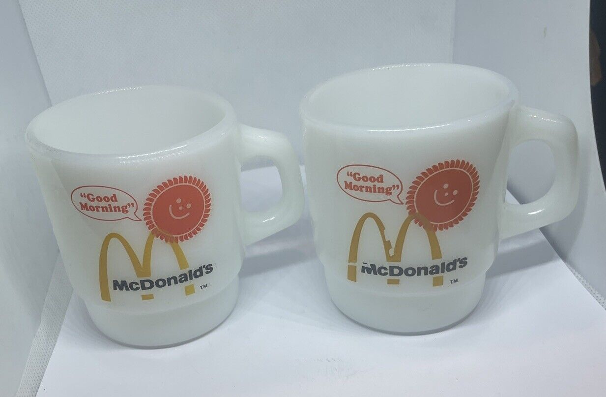 Vintage pair Mc Donalds white orange mugs stackable 3 by 4 inch no chips