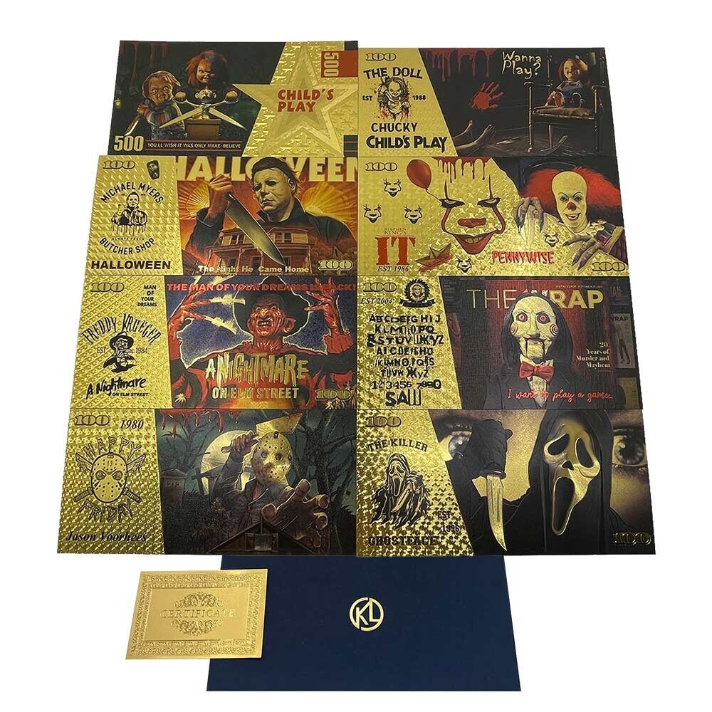 8pc USA Horror Movie Golden Cards Anime CHILD Gold Banknote Play For Fans Gift