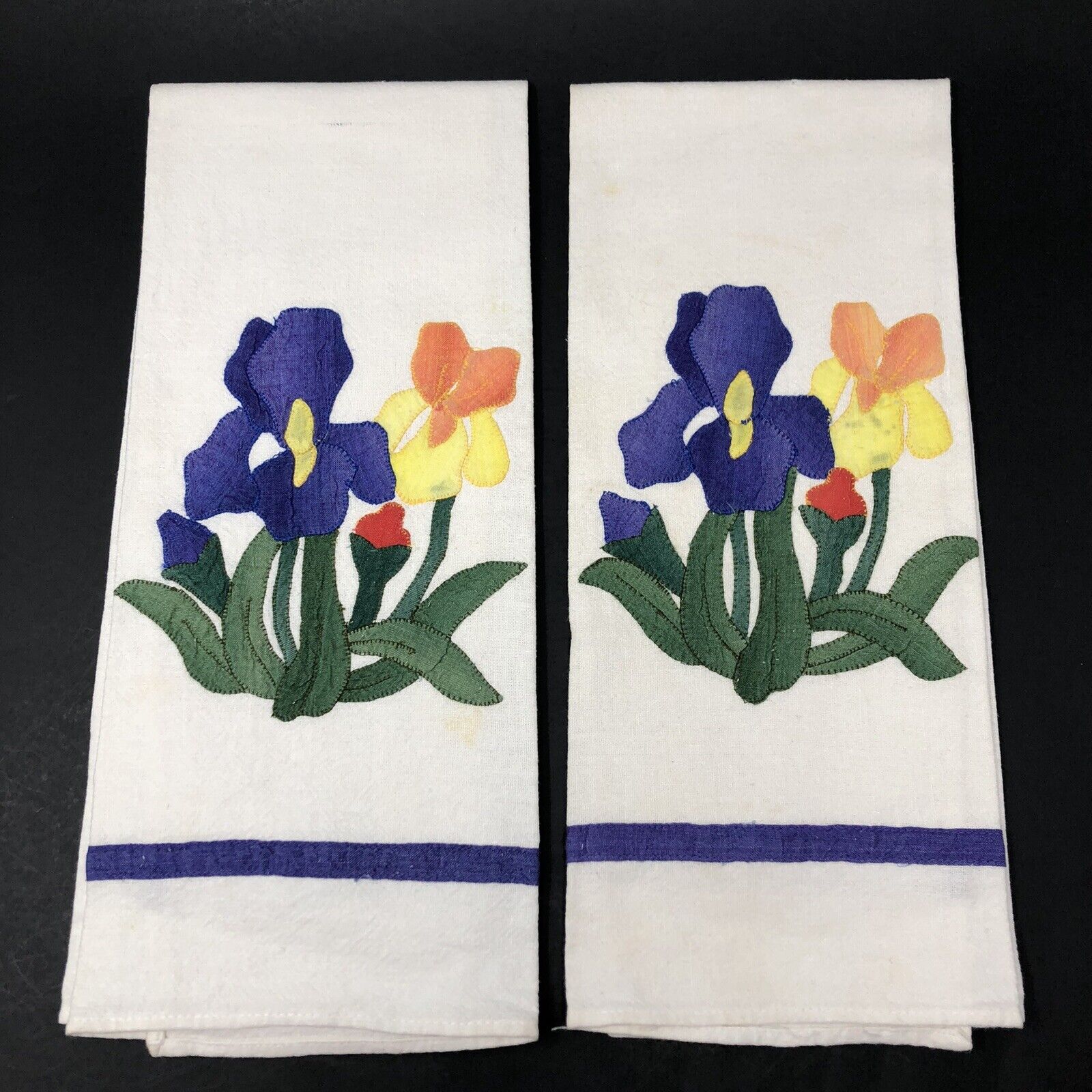 Vintage Kitchen Tea Towels Muslin Applique Iris Handmade Floral Purple Yellow(2)