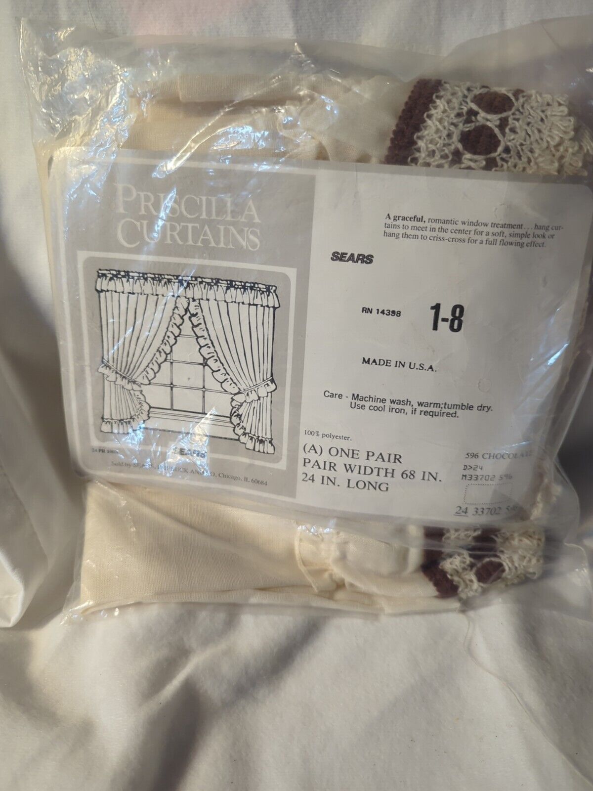 VTG Priscilla Ruffled Curtains Sears Ivory With Brown Embroidery 