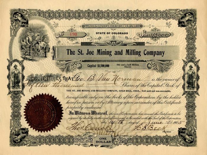 St. Joe Mining and Milling Co. - Stock Certificate - Mining Stocks