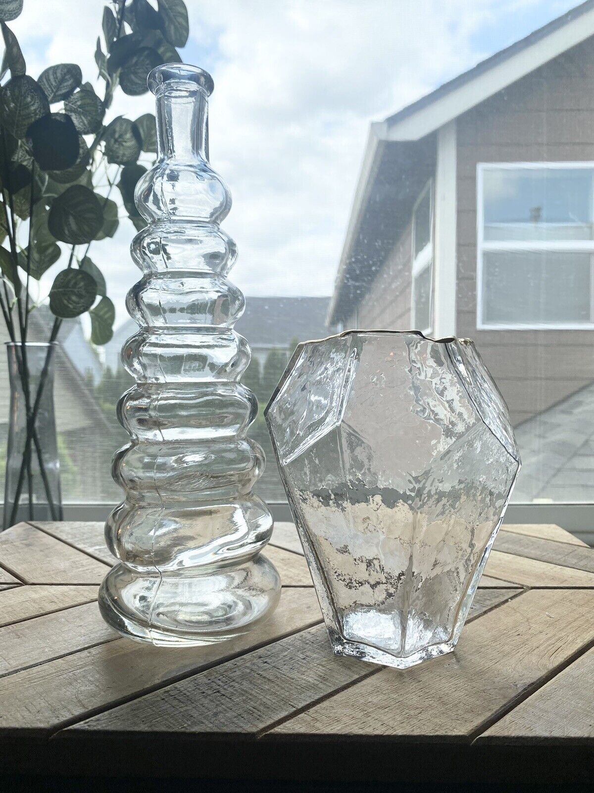 two vintage clear glass flower vases for sale
