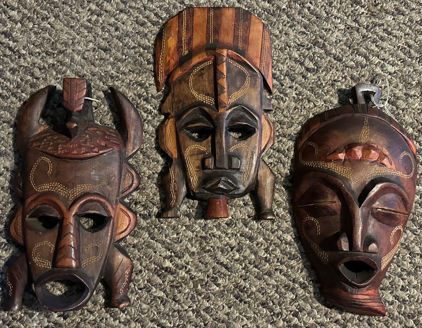 Three Tribal Masks Wooden, Intricate And Beautiful. 9.5x5” 💥