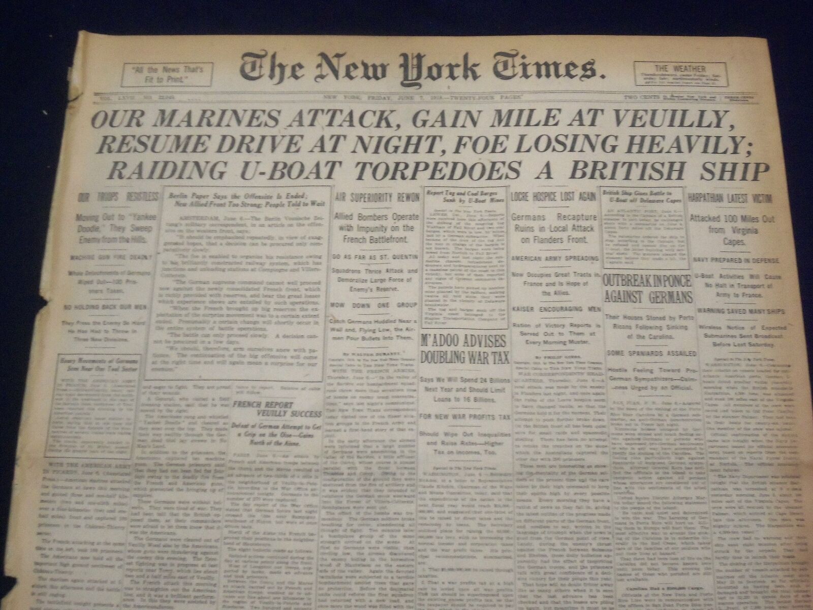1918 JUNE 7 NEW YORK TIMES - OUR MARINES ATTACK AT VEUILLY - NT 9080