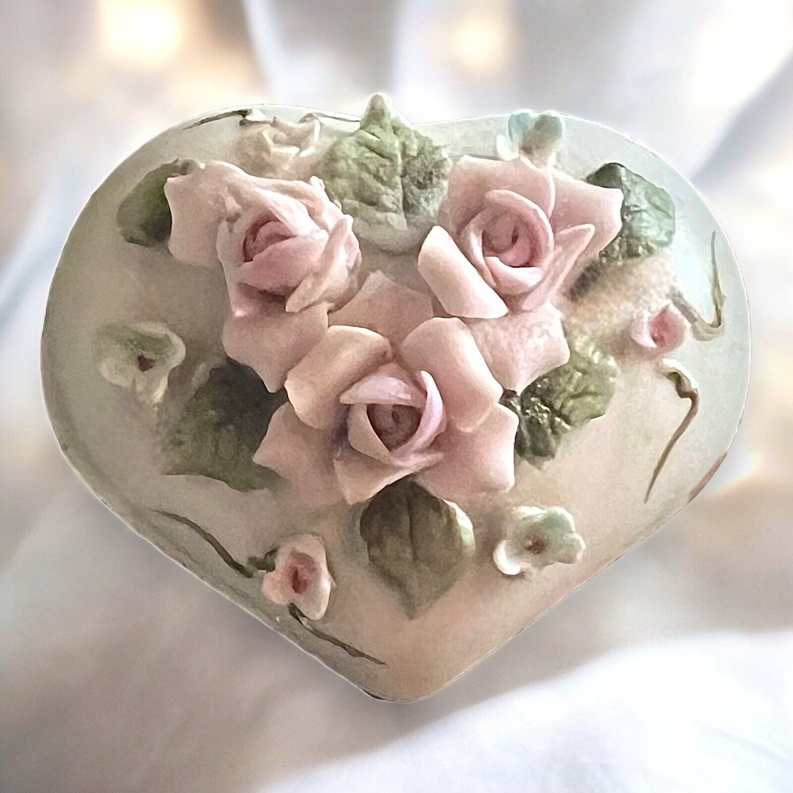 Vintage Lefton Heart-Shaped Trinket Box with Pink Roses, Footed, 2.5”