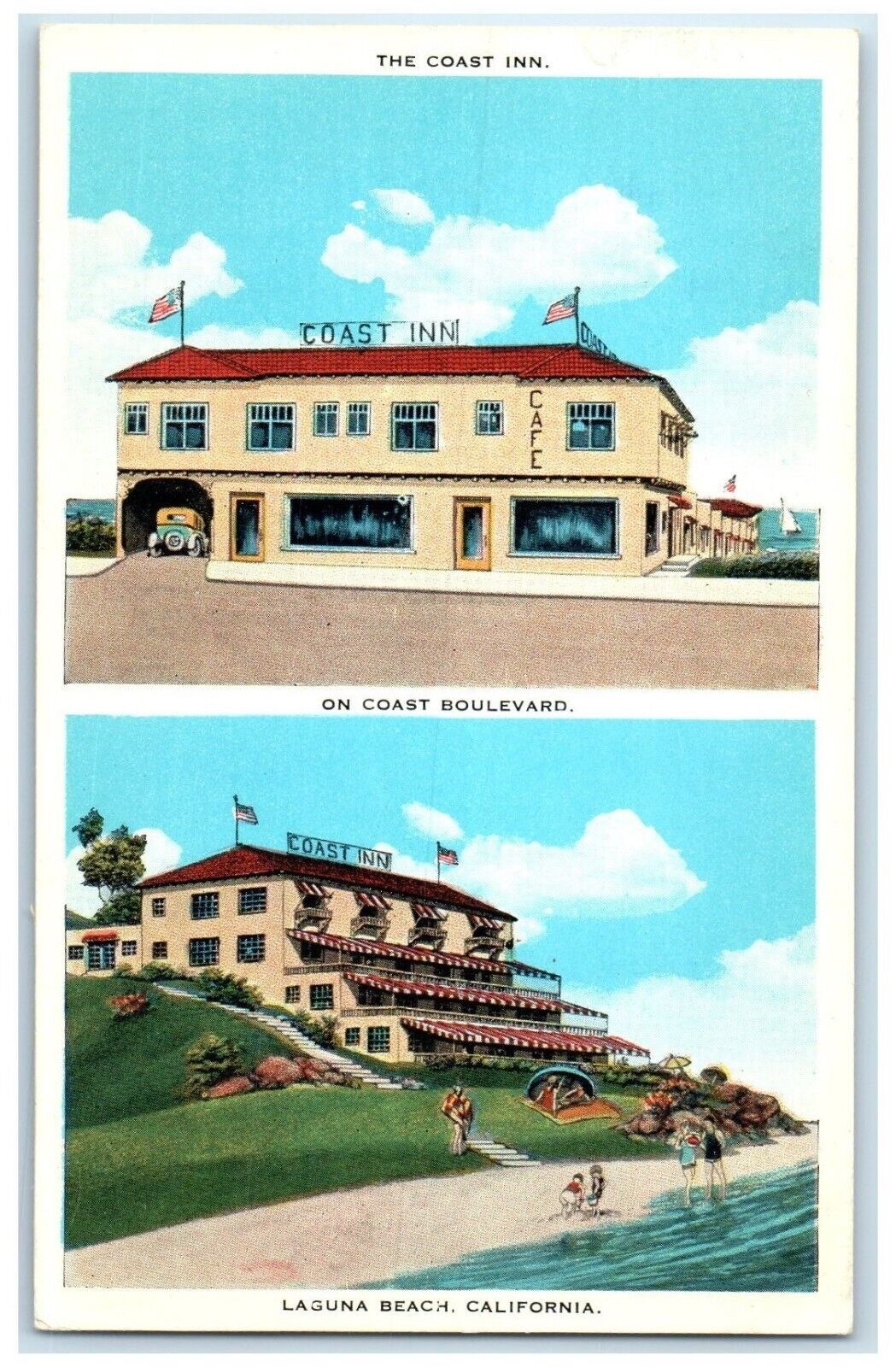 c1920's The Coast Inn On Coast Boulevard Laguna Beach CA Dual View Postcard