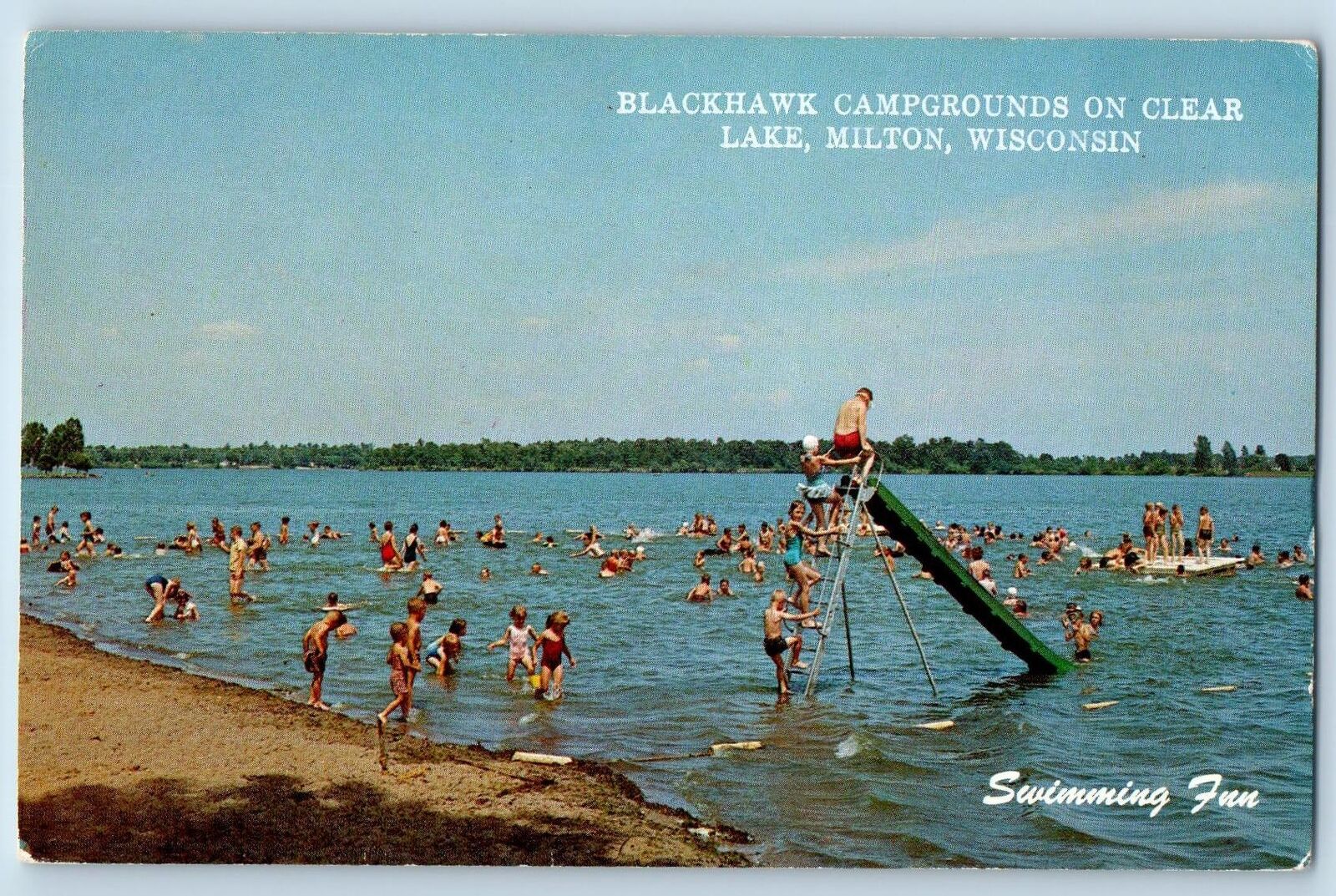 c1950 Blackhawk Campgrounds On Clear Kids Bathing Lake Milton Wisconsin Postcard