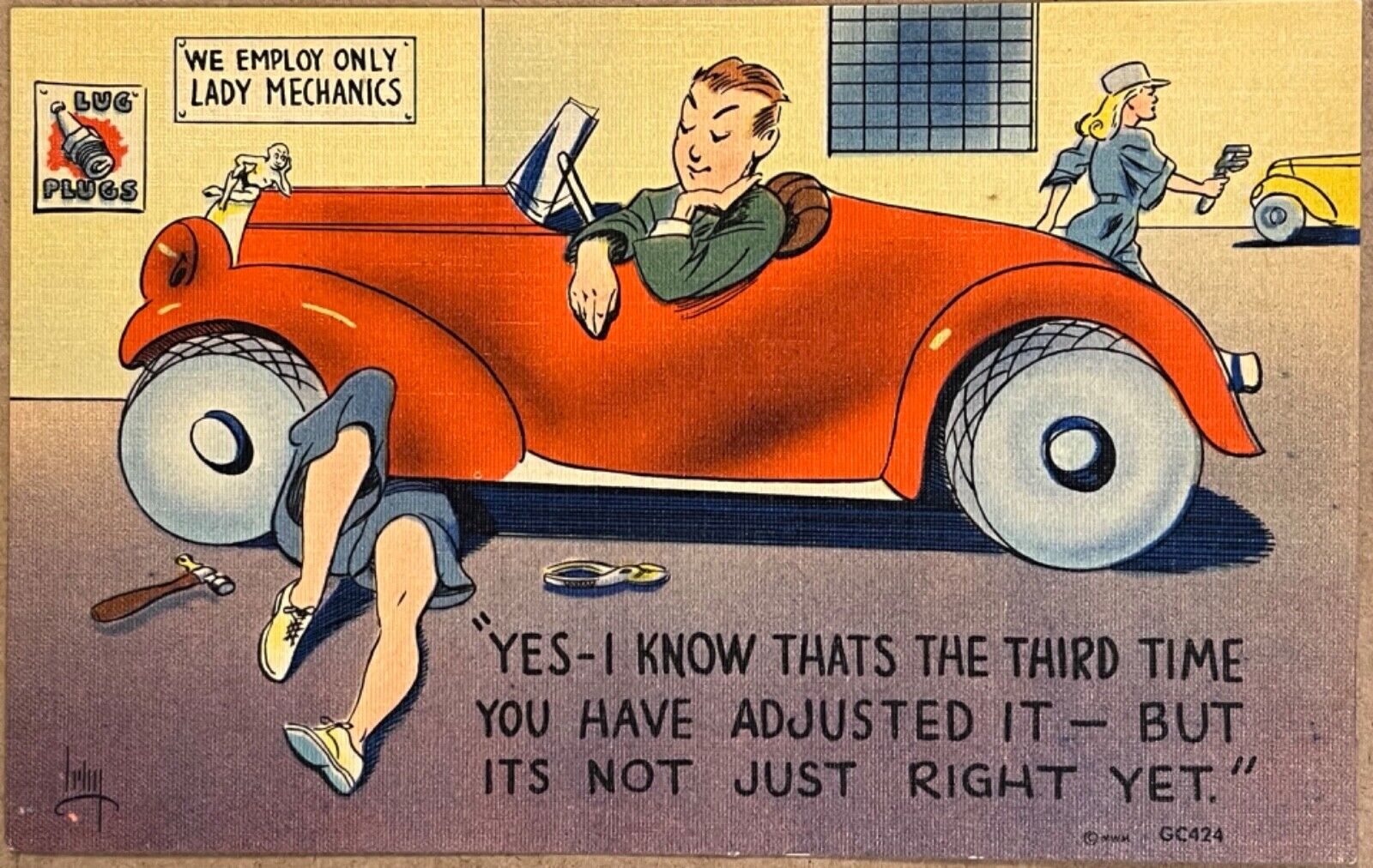 Lady Auto Mechanic Car Comic Humor Postcard c1940
