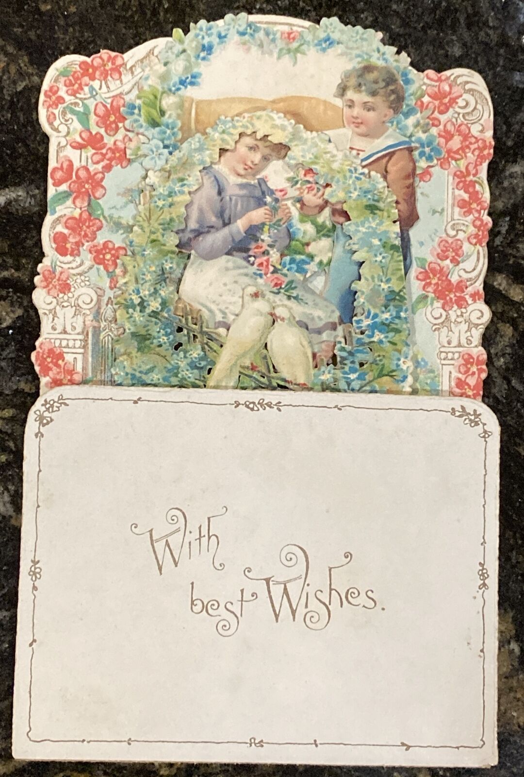 ANTIQUE 3D EMBOSSED POP UP VALENTINE CARD 1900 Boy Girl Roses Doves Holding Hand