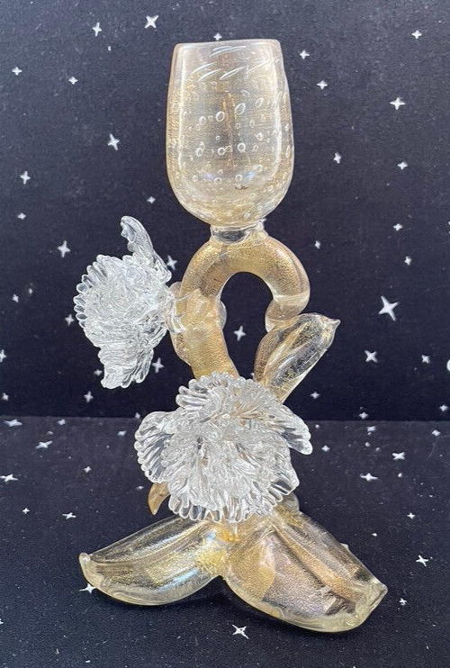VTG Hand Blown Glass Candle Holder/Figurine Missing A Glass Flower on Bottom 7\