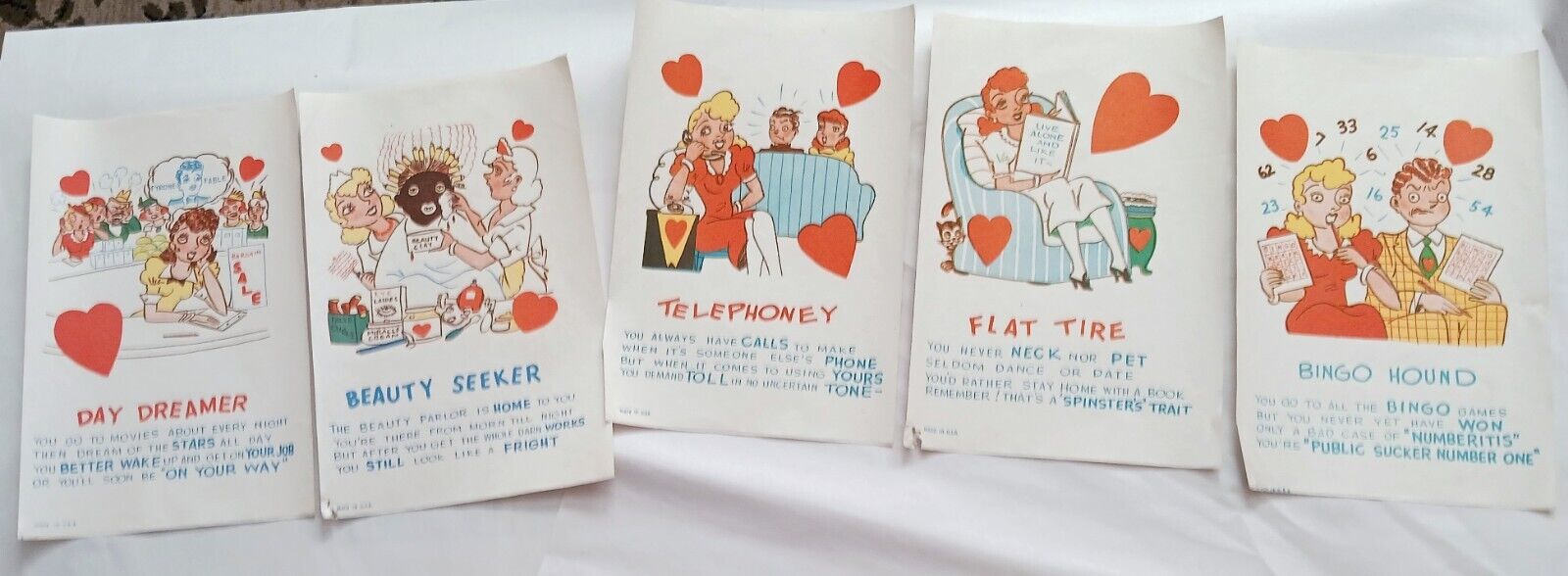 Vinegar Valentines Set of 5 Comic Sarcasm Bingo Telephone Beauty Dreamer Flat #1