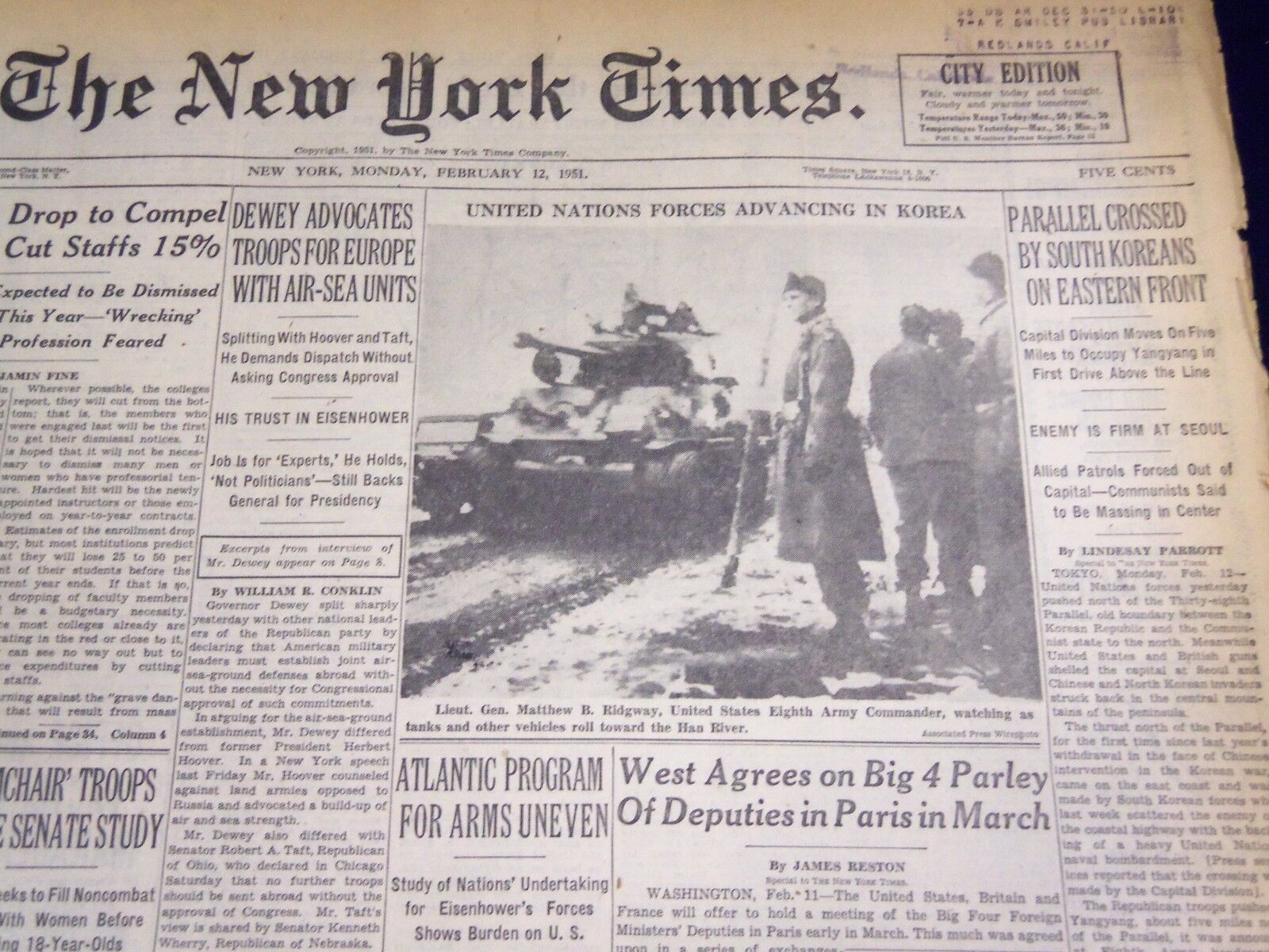 1951 FEB 12 NEW YORK TIMES - PARALLEL CROSSED BY SOUTH KOREANS - NT 1995