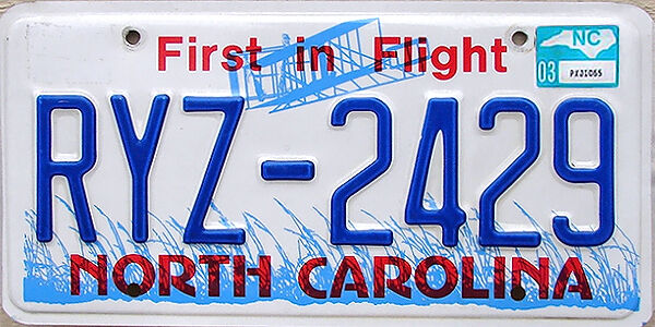 NORTH CAROLINA License Plate FIRST IN FLIGHT (RANDOM PLATE#)