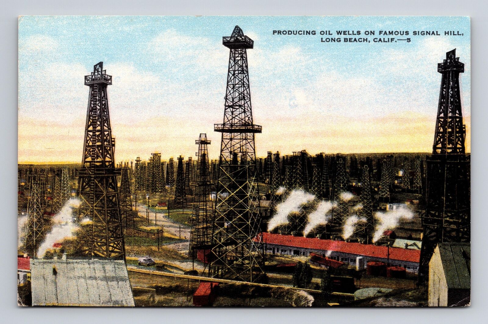 c1953 Linen Postcard Long Beach CA California Signal Hill Oil Wells