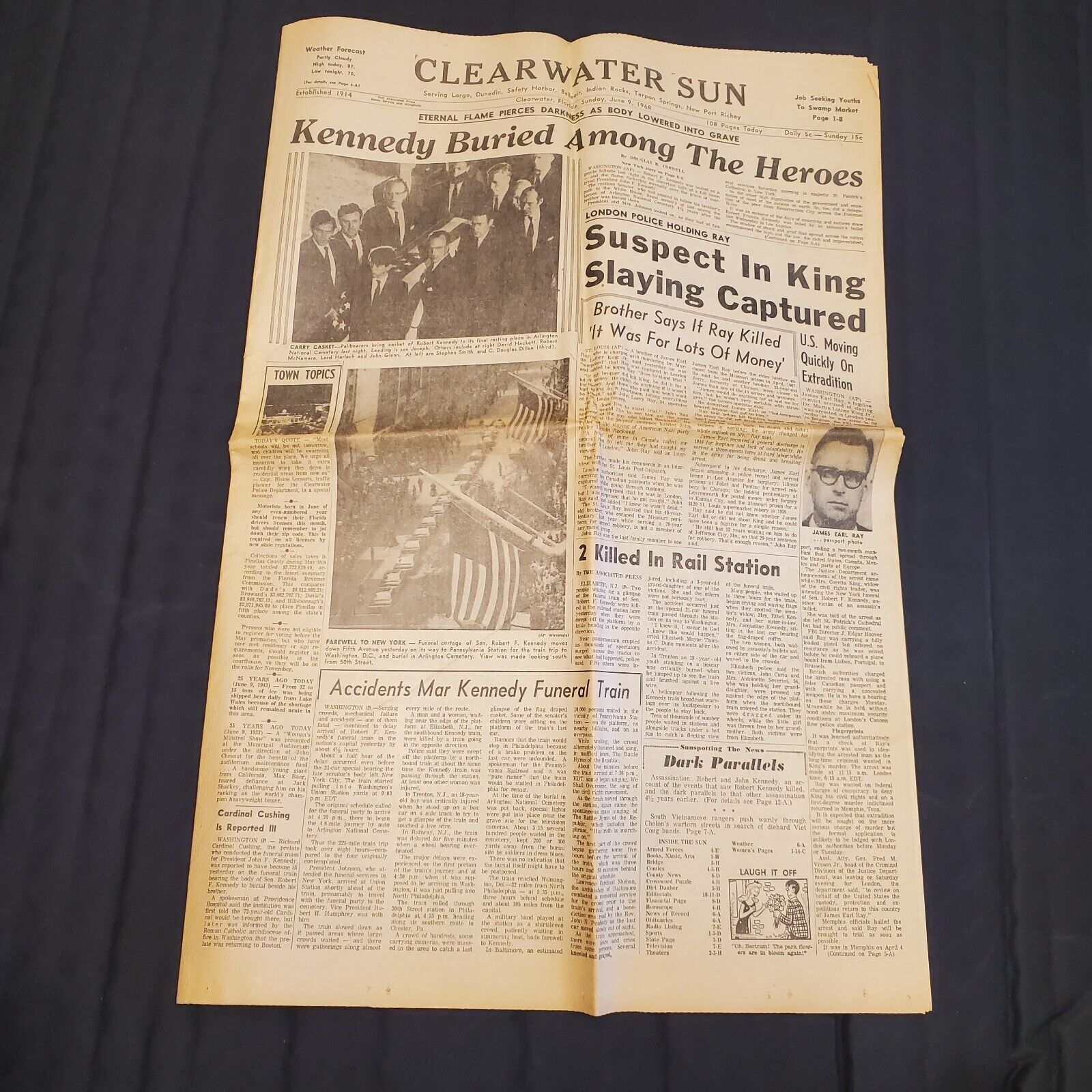 Kennedy Buried JFK & King Suspect | Clearwater Sun Newspaper June 9 1968 Vintage