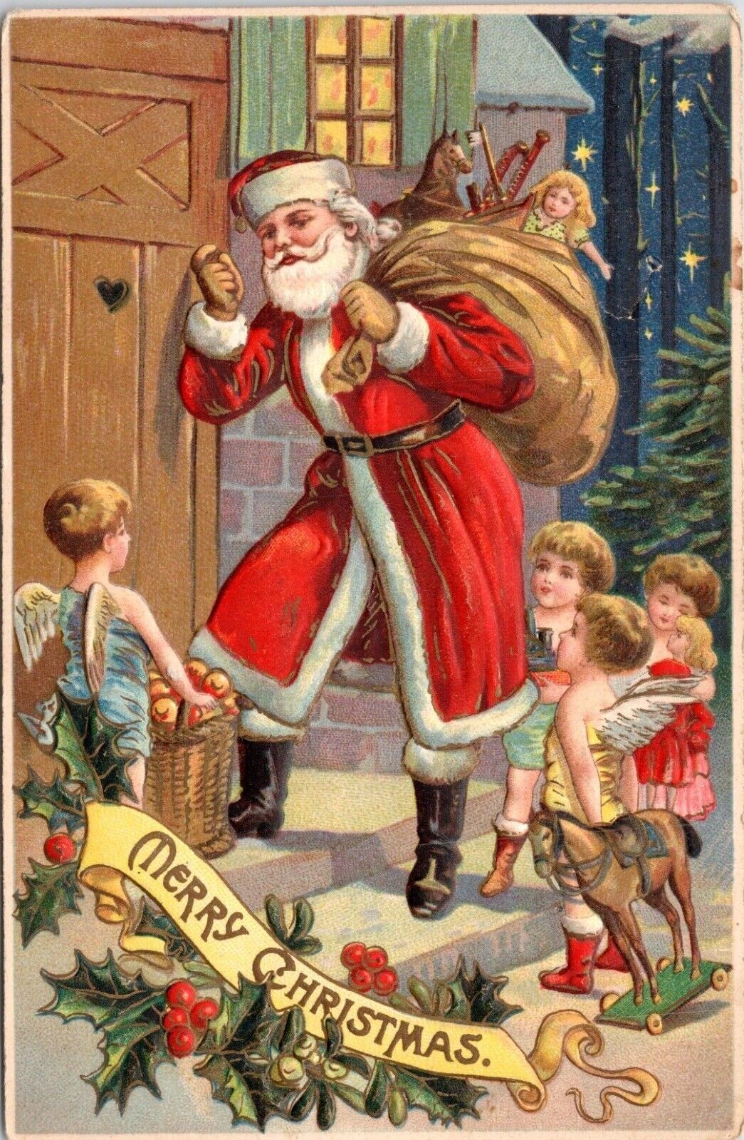 C.1910s Merry Christmas Santa At Door W Cherub Angels Toy Sack Postcard A217