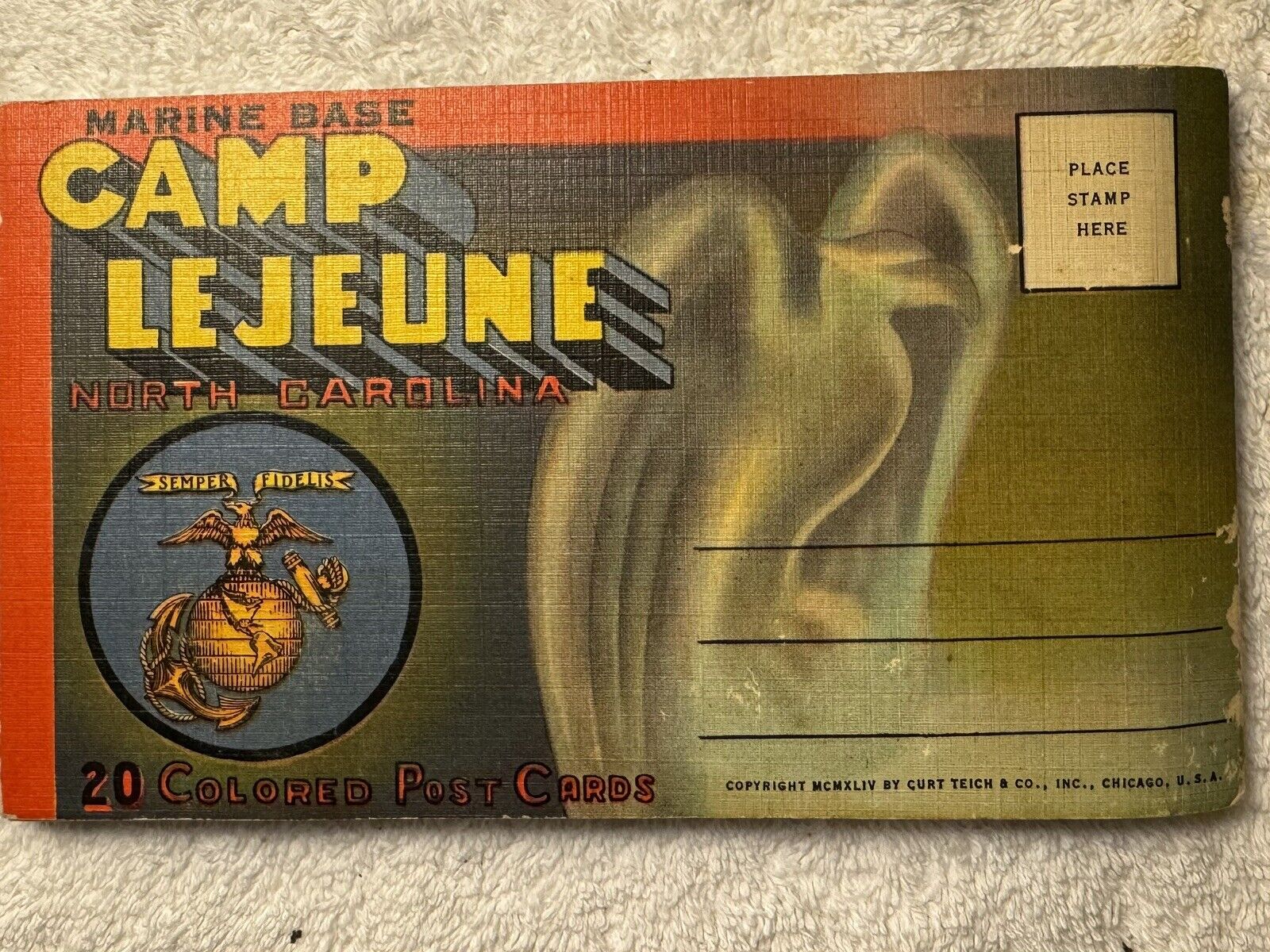 1944 CAMP LEJEUNE N.C. MILITARY 20 COLORED LINEN POST CARDS MARINE BOOKLET RARE