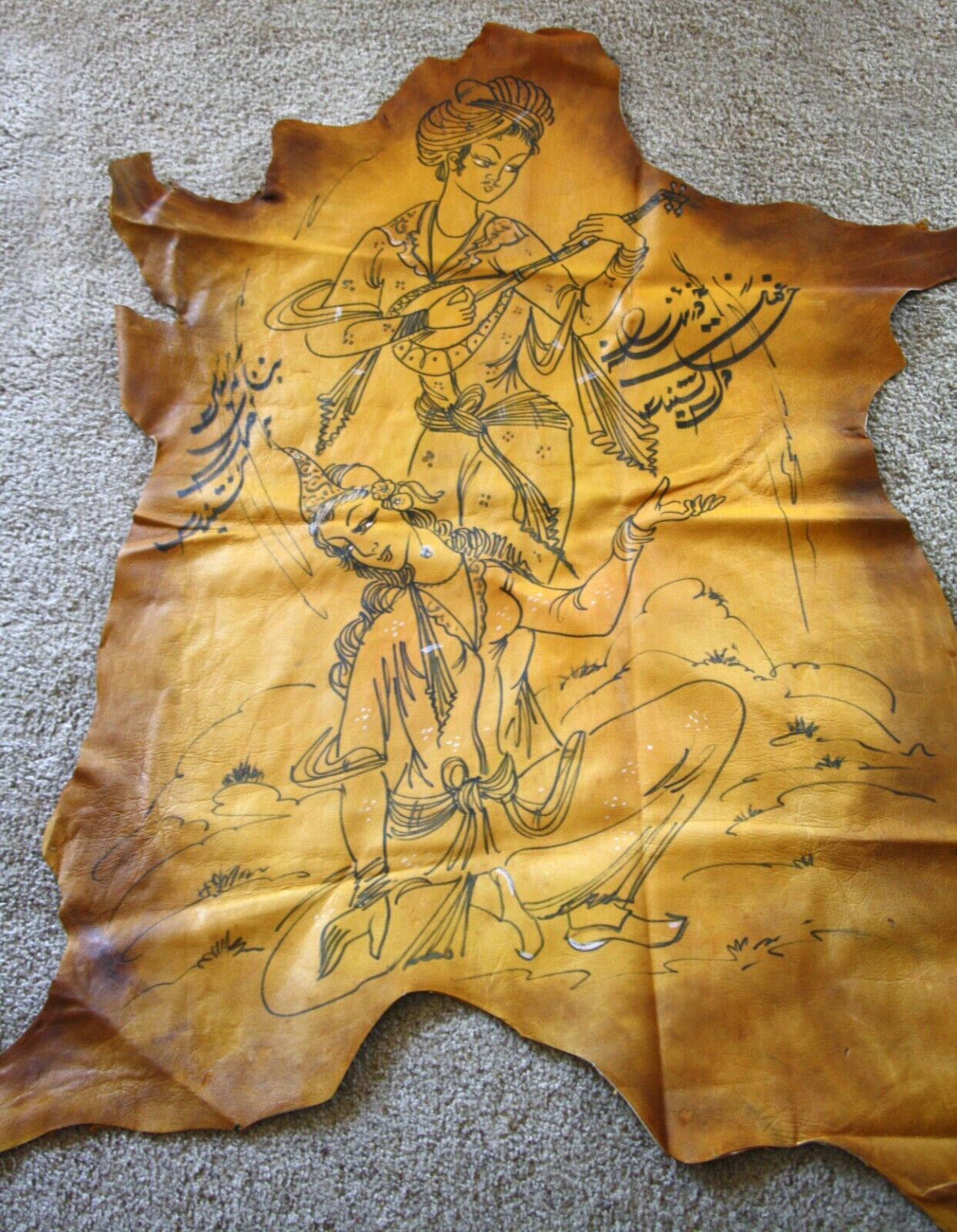 Ink Drawing on leather hide Omar Khayyam Rubaiyat Persian calligraphy art