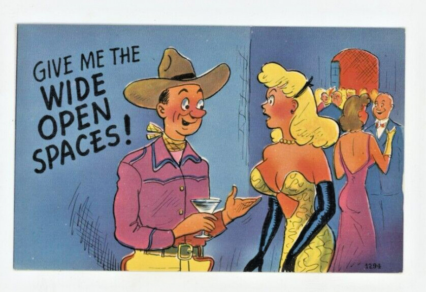 Vintage Comedy Postcard  COWBOY   WOMAN IN LOW CUT DRESS     LINEN    UNPOSTED
