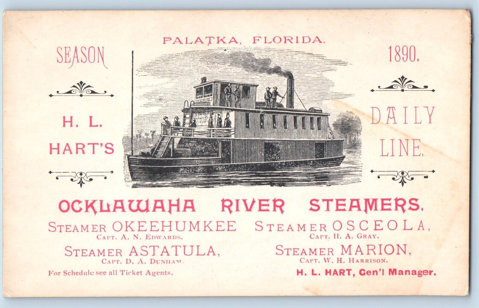 Palatka Florida FL Postcard Ocklawaha River Steamers H L Harts Line Vintage