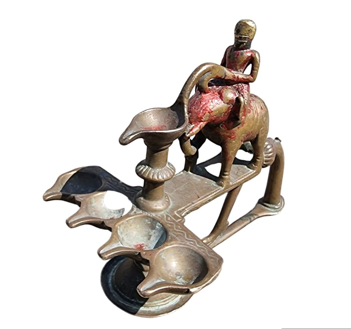 18'C Old Vintage Antique Brass Rare Elephant God Figure Temple Oil Lamp / Diya