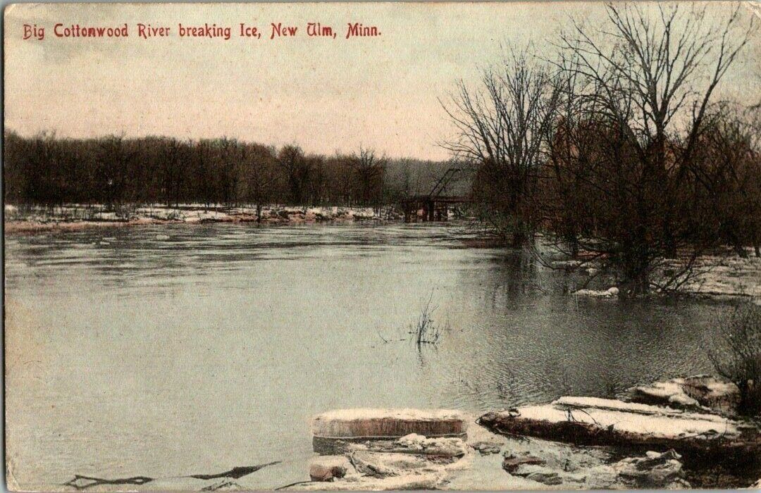 1908. NEW ULM, MN. BIG COTTONWOOD RIVER BREAKING ICE. POSTCARD GG4