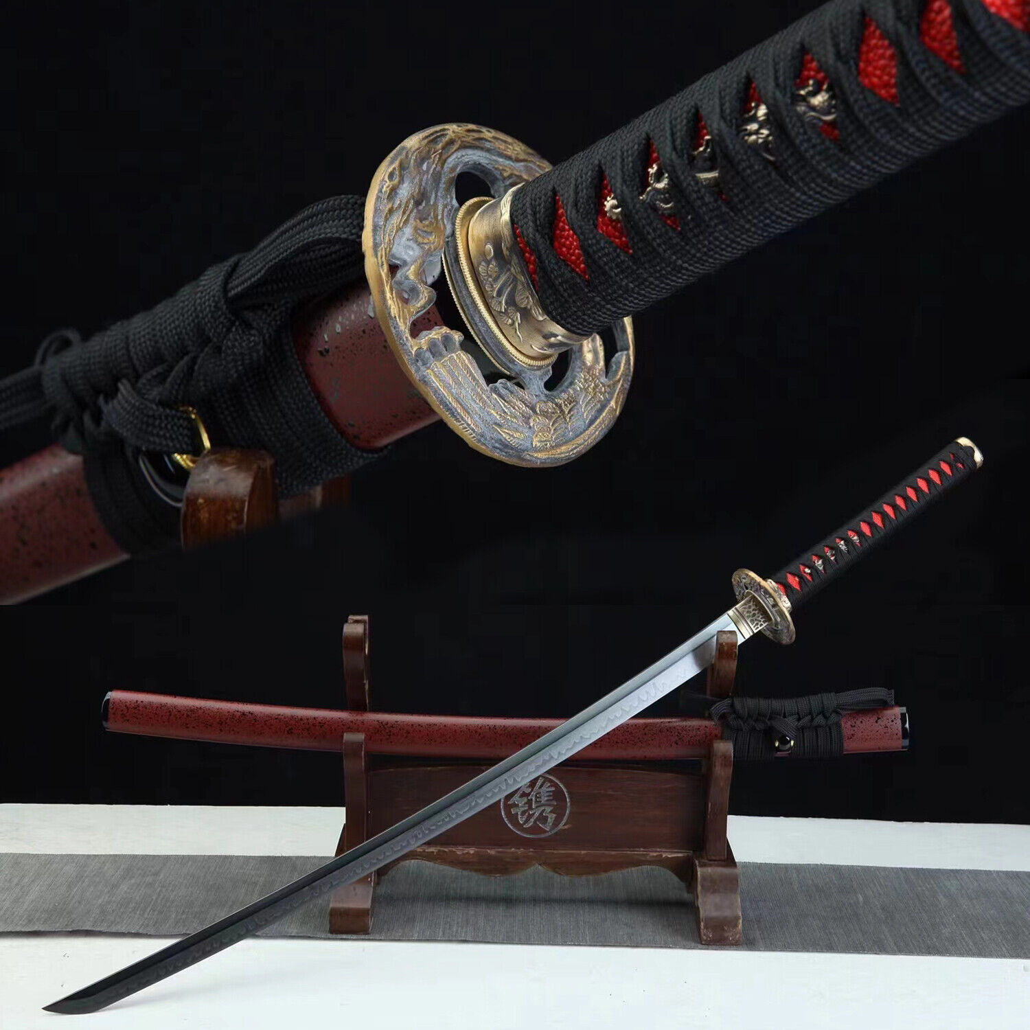 Red Clay Tempered T10 Katana Japanese Samurai Sword Real Hamon Eagle Tsuba