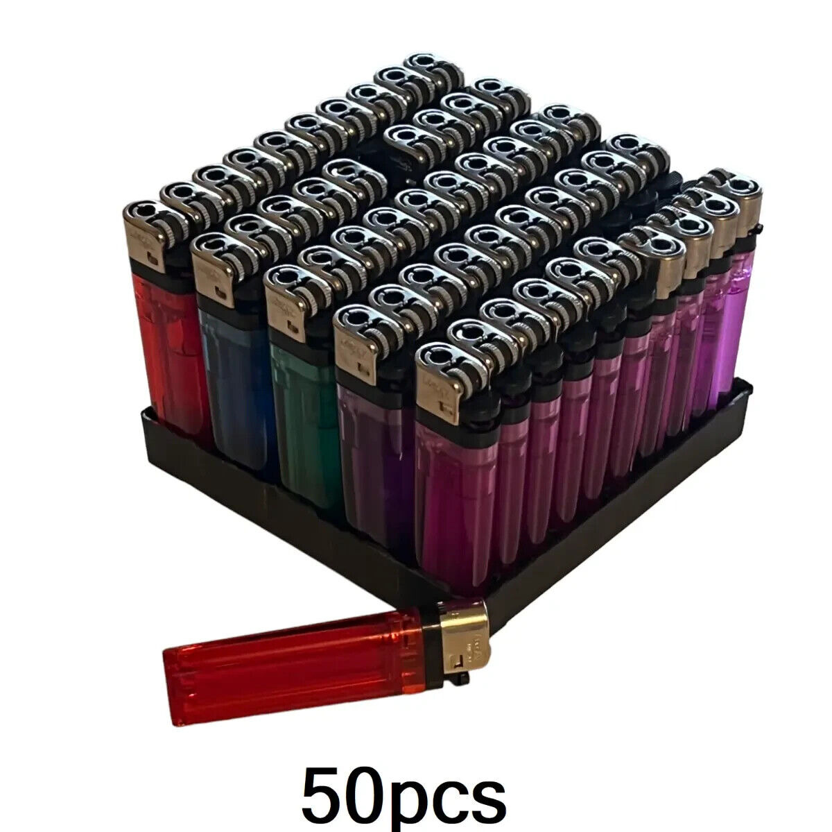 50 Pcs Full Size Disposable Butane Lighter Assorted Colors With Silver Cap