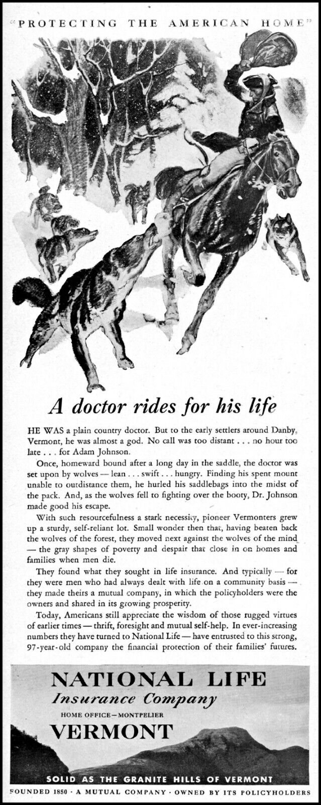 1947 Dr. Adam Johnson Vermont National Life insurance vintage art Print Ad adL60
