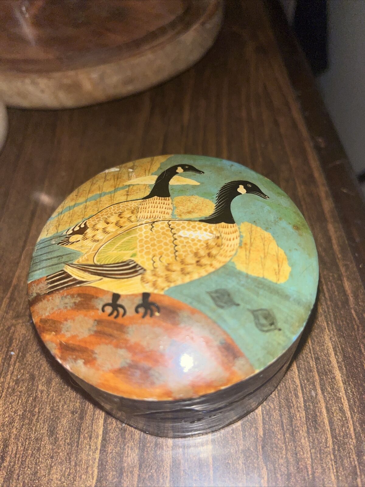 Vintage Black Lacquer Box Round Trinket Jewelry Box Ducks Hand Painted