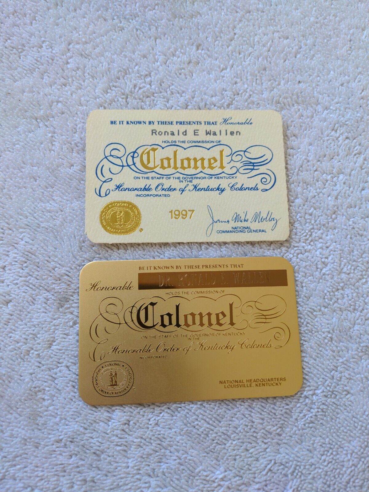 Honorable Order of Kentucky Colonels BRASS Membership Card & Paper Card 1997 B2
