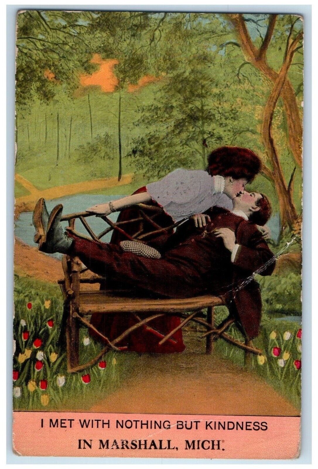 1912 Sweet Couple Kissing Romance Marshall Michigan MI Antique Bamforth Postcard