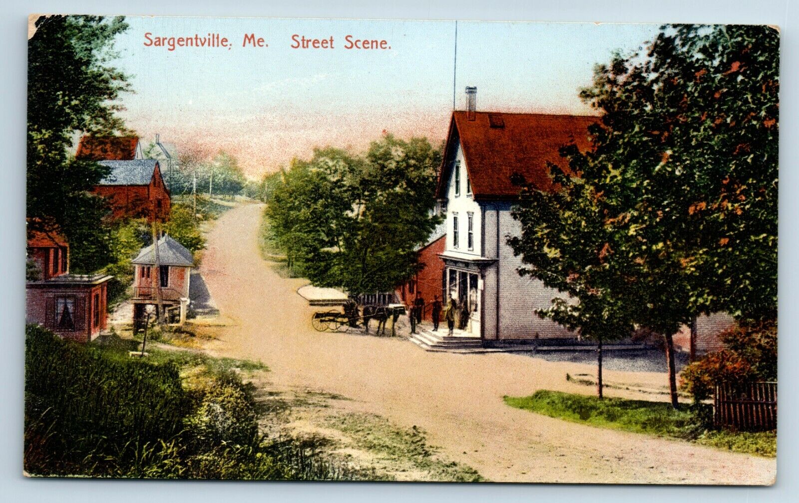 Postcard Street Scene, Sargentville ME Maine dirt road horse carriage A181
