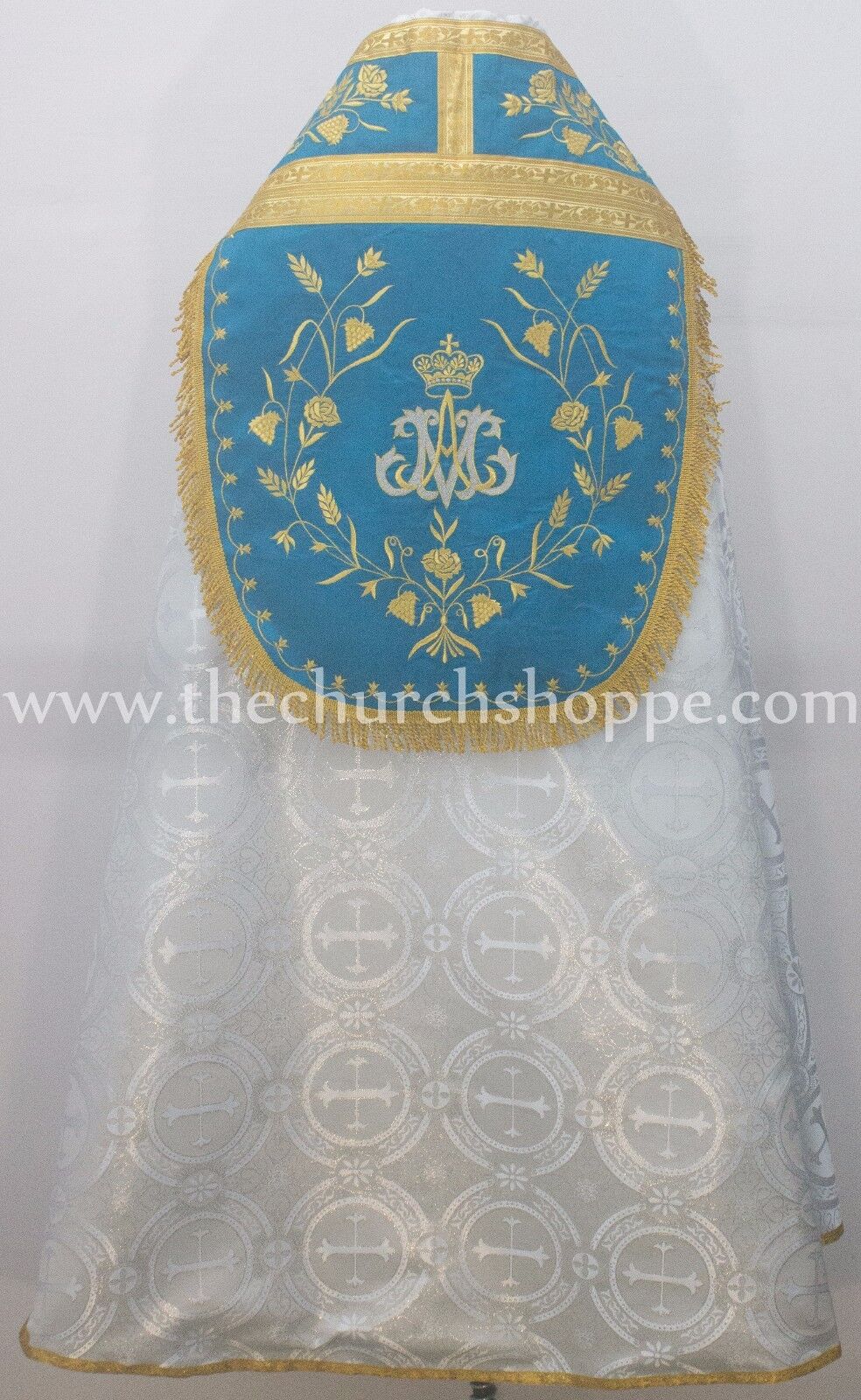 Silver Marian Blue Cope & Stole Set with AM embroidery,capa pluvial,far fronte