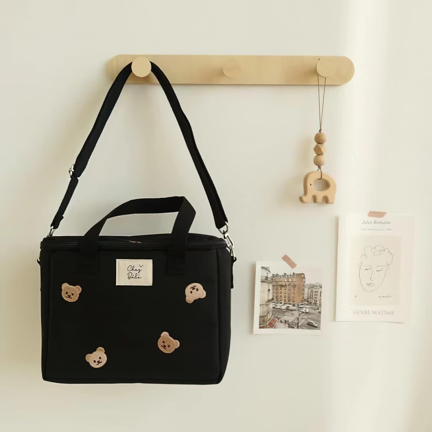 Aesthetic Kawaii Cute Lunch Bag Box with Straps Black-multiple Bears 