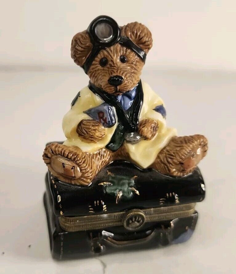 Bearware Pottery Trinket Box Doctor Bear On Trunk Baby Bear Inside Ltd Edition