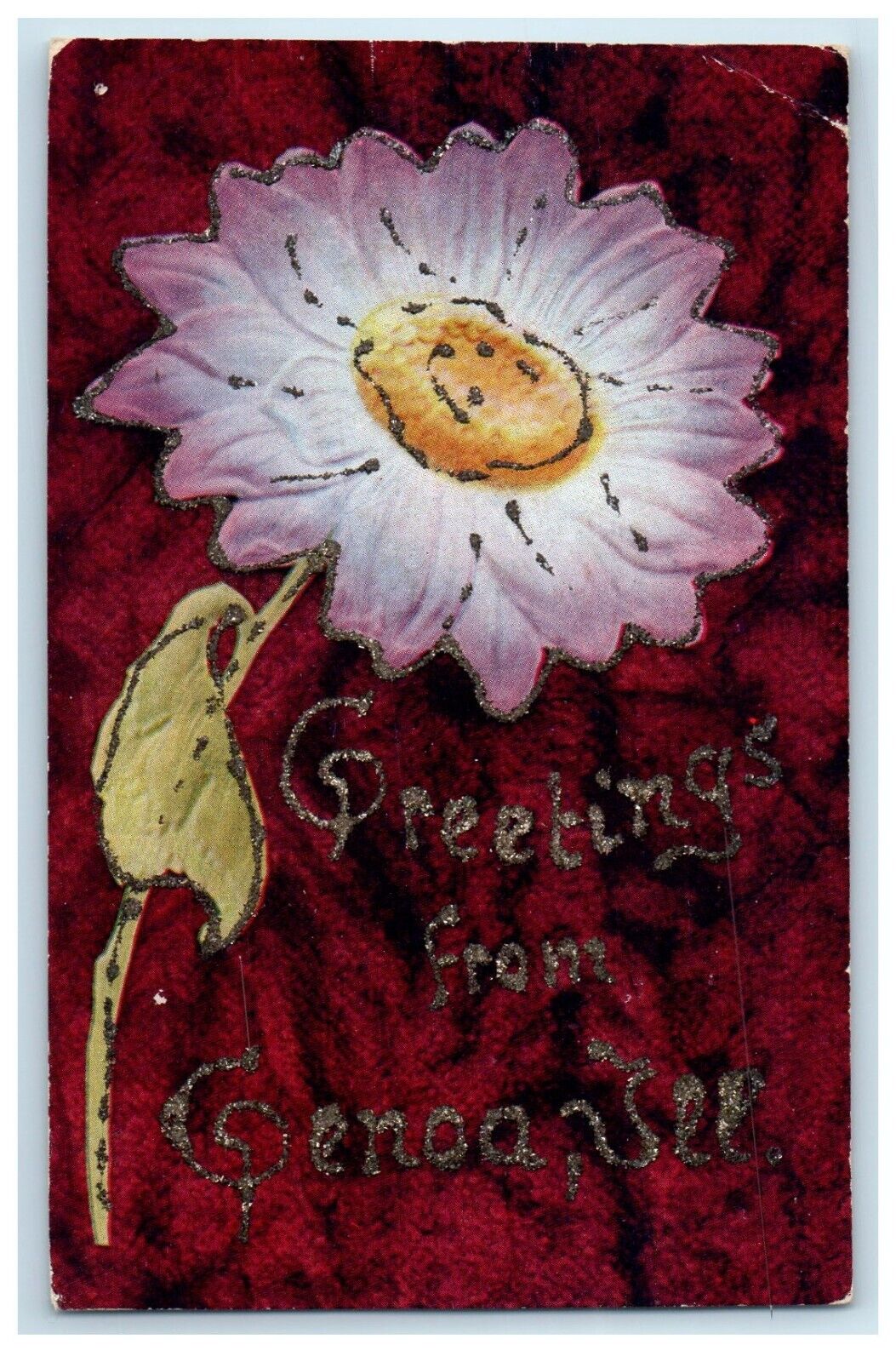 c1910's Greetings From Genoa Illinois IL, Flower Glitter Posted Antique Postcard