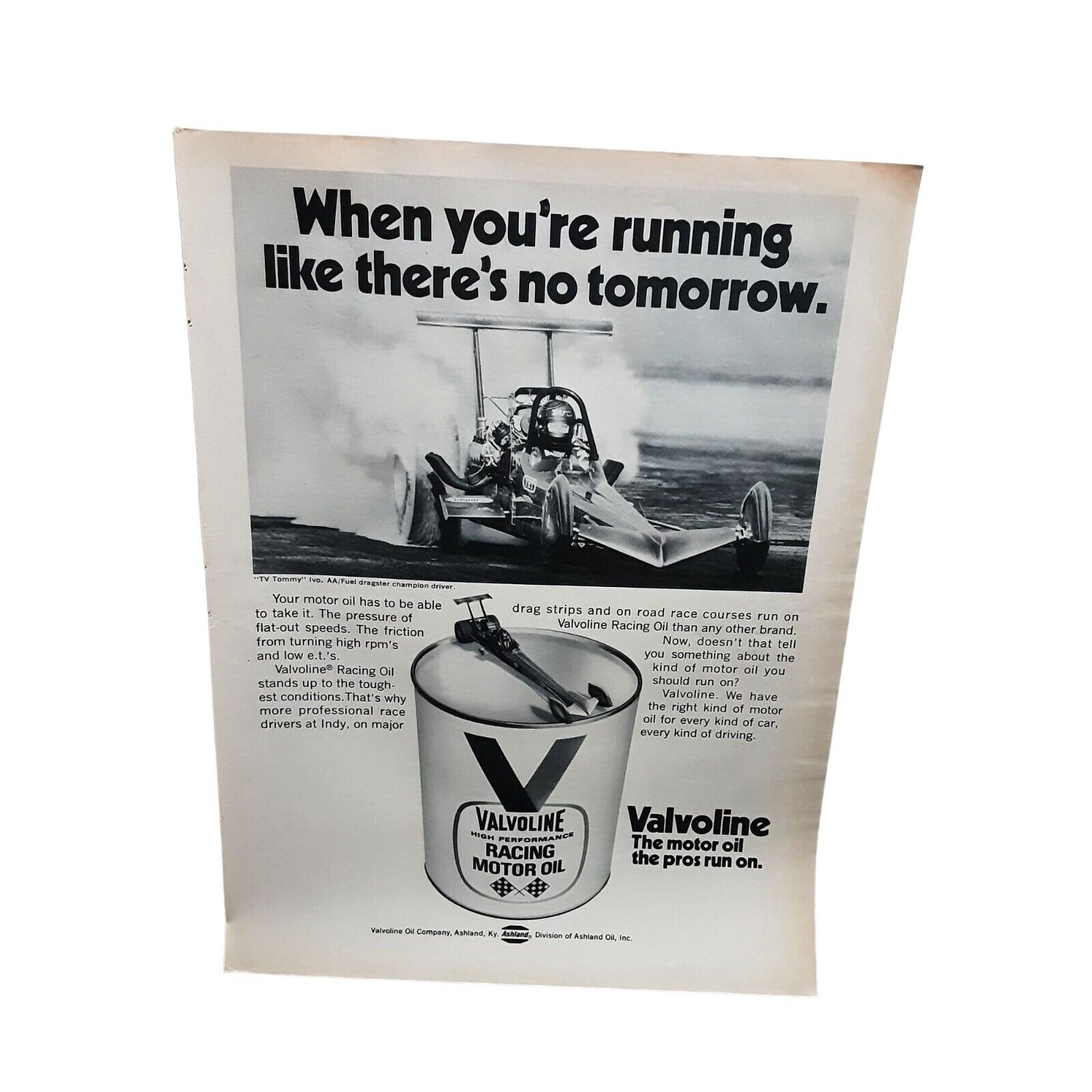 1973 Valvoline Oil TV Tommy Ivo Racing Original Print Ad Vintage