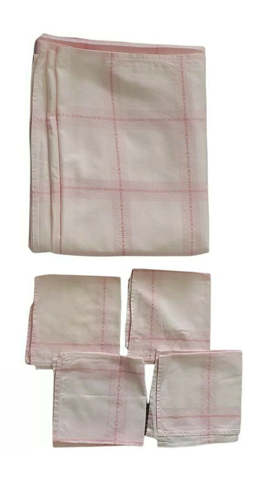 Vintage Pink Plaid & Daisy Striped Rectangular Tablecloth and Napkins 60