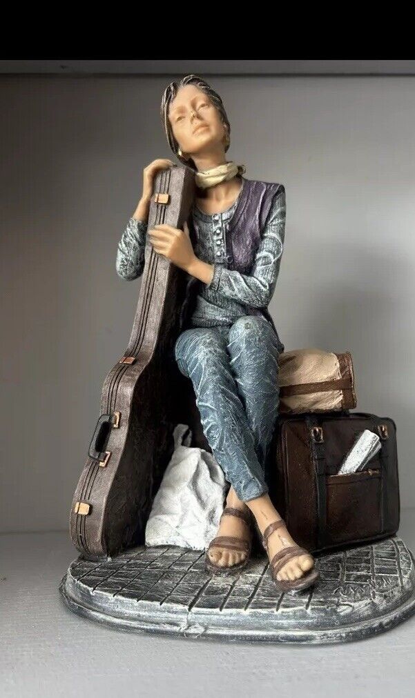 Arte Romera 90s Espana Woman Sitting on Suitcases Holding Guitar Statue