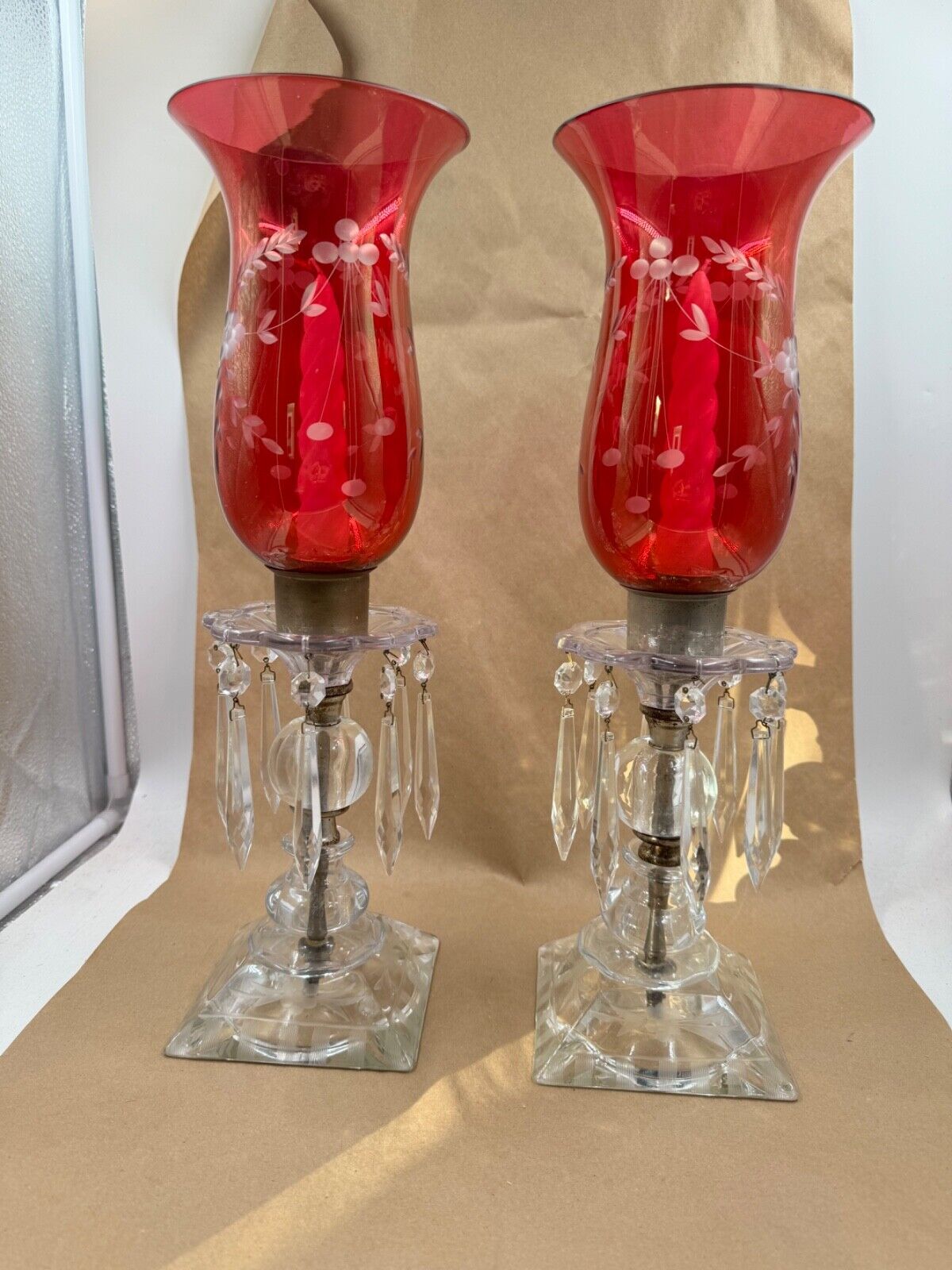 Pair of Etched Cranberry Hurricane Mantle Candle Holders