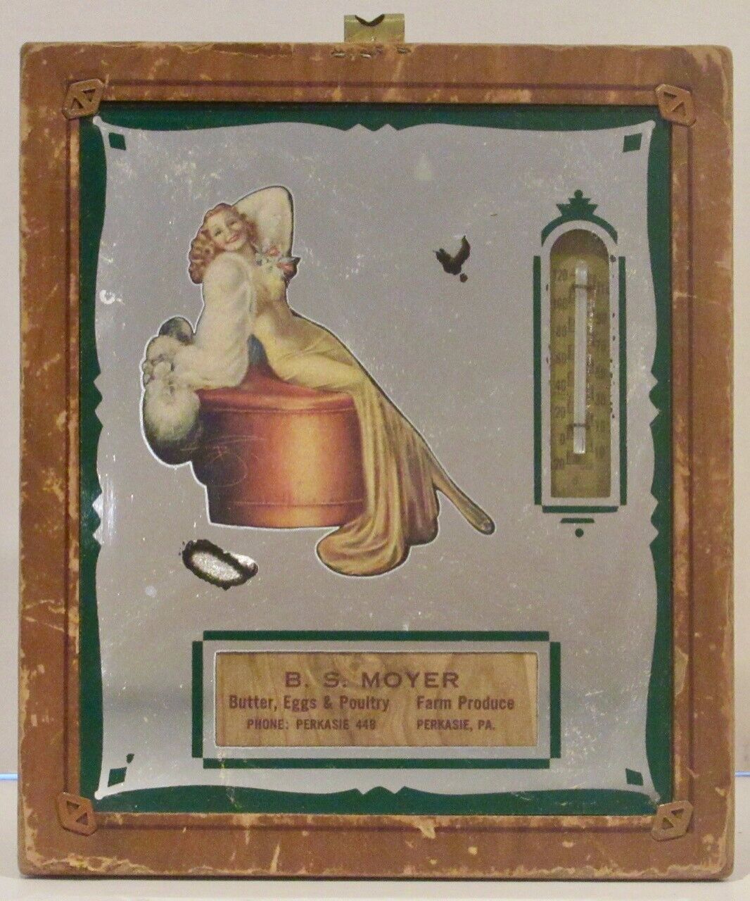 ADVERTISING MIRRORED THERMOMETER MOYER POULTRY PERKASIE PA 1930s, WOMAN IN GOWN