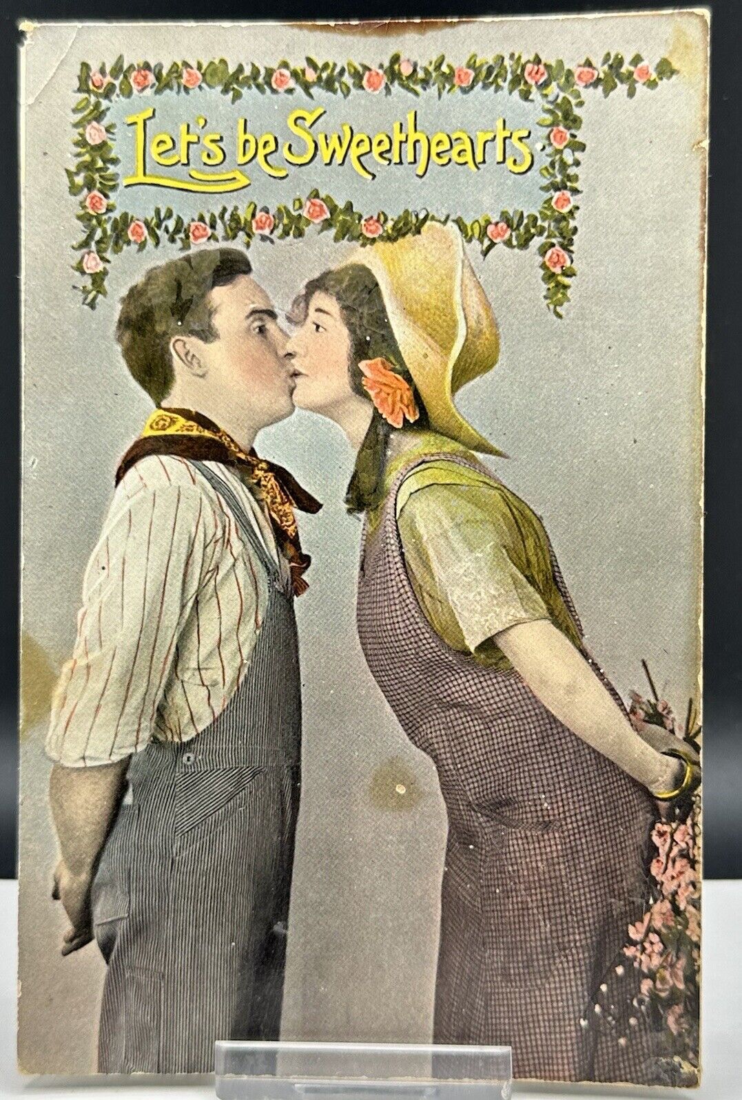 1907-1915 Let's Be Sweethearts Romance Postcard Couple Kissing Flowers