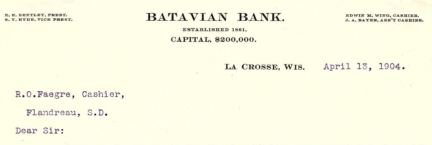 1904 LA CROSSE WISCONSIN BATAVIAN BANK EST 1861 BILLHEAD LETTERHEAD Z5497