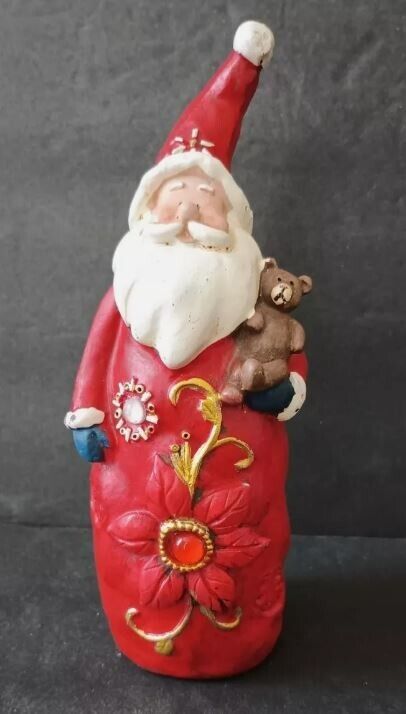 VINTAGE CHRISTMAS Santa Claus Figurine w/ Stuffed Teddy Bear & Poinsettia - 6\