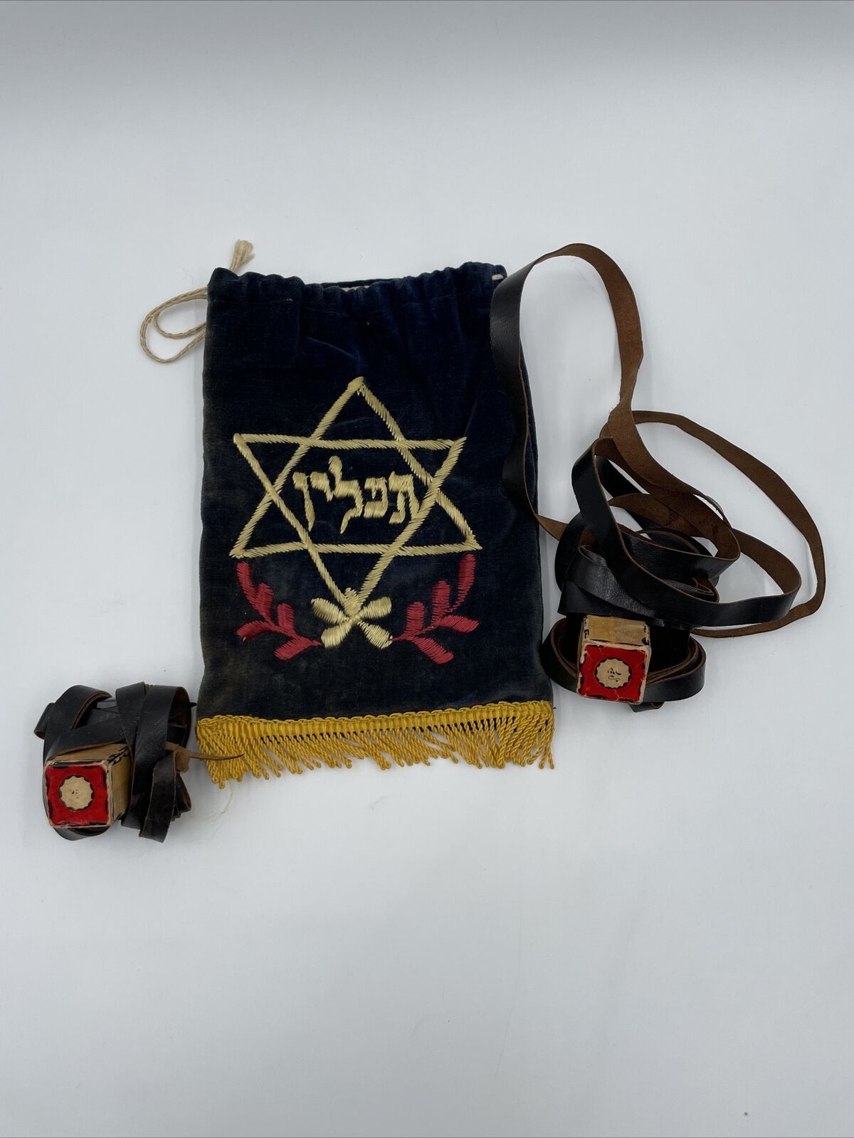 Antique Jewish Leather Tefillin with Embroidered Hand Stitches Fringed Cloth Bag