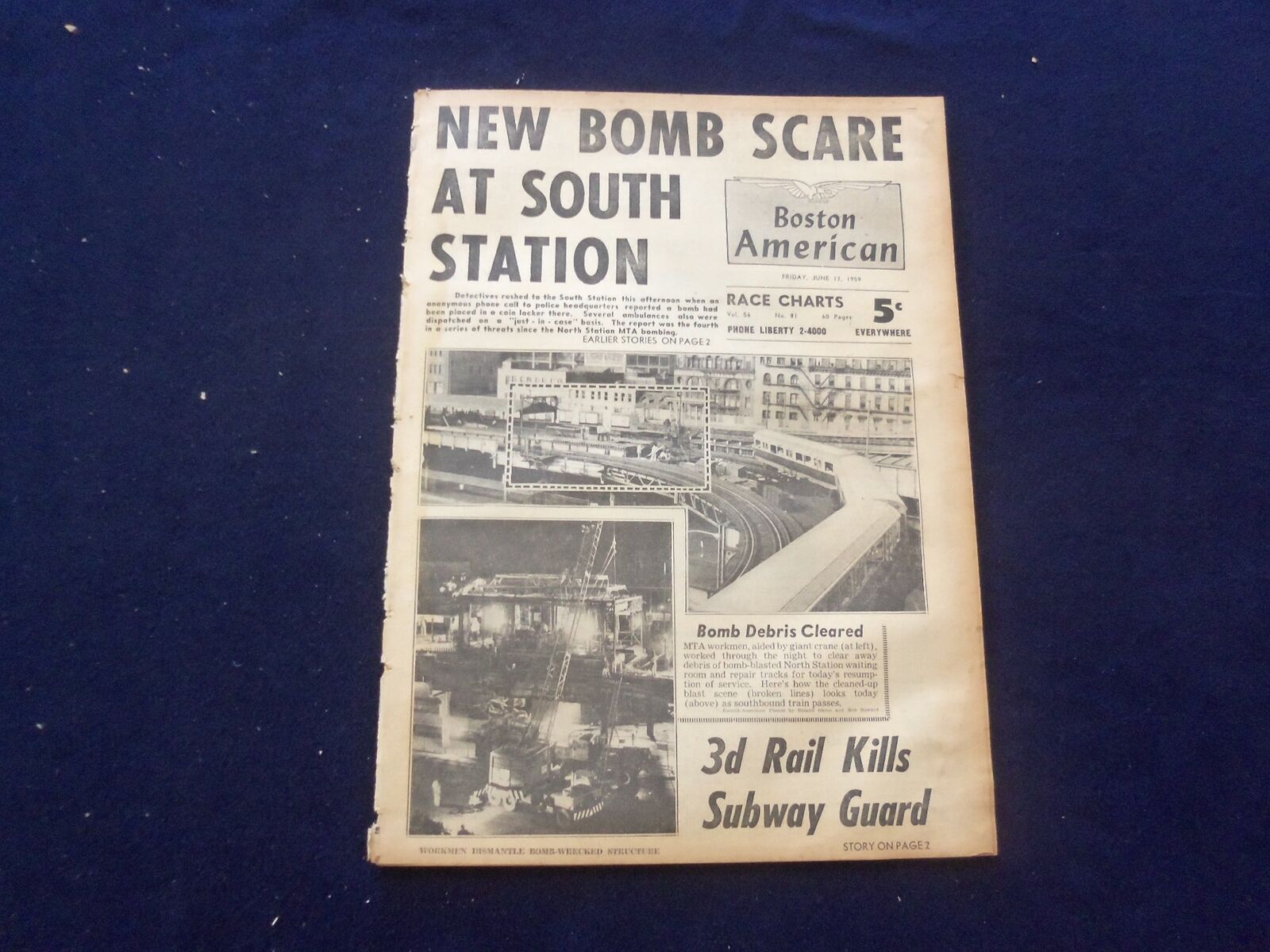 1959 JUNE 12 BOSTON AMERICAN NEWSPAPER - NEW BOMB SCARE AT SO. STATION - NP 6232