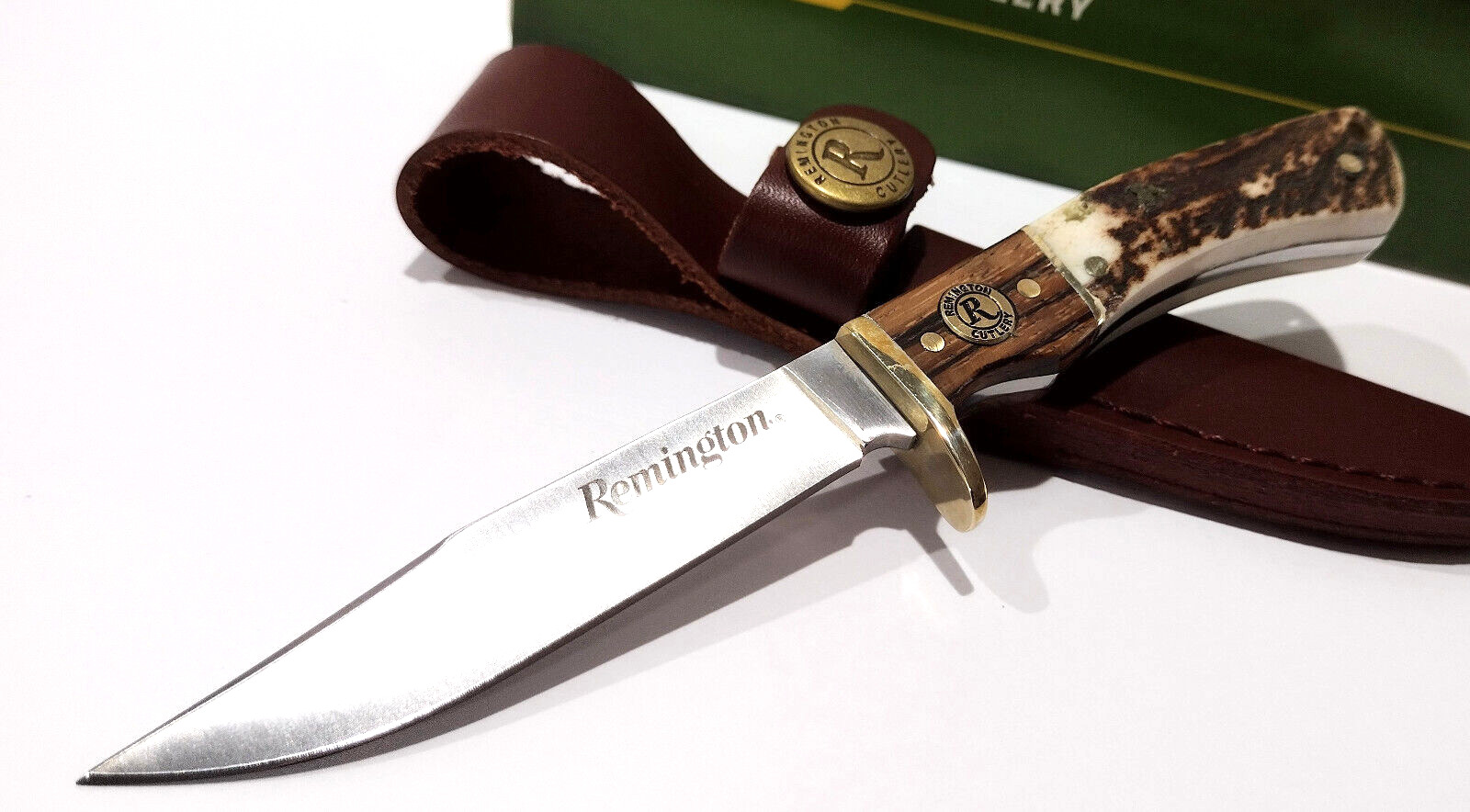 Remington Jr Fixed Blade Brown Stag Bone Handles Hunting Skinning Knife + Sheath